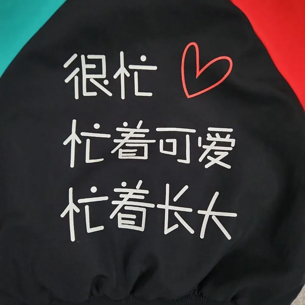 Youth Color Block Bomber Jacket With Chinese Writing at Back